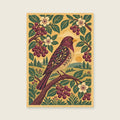 finch among broad berries and leaves — Decorative folk gouache living room art print