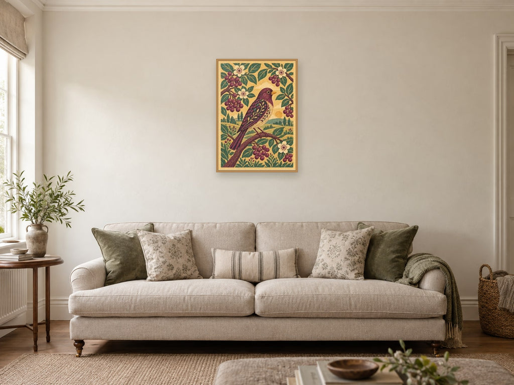 finch among broad berries and leaves — A2 artwork shown in a room with a natural wood frame; select a framed finish to include a frame