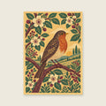 robin on a richly patterned flowering branch — Decorative folk gouache living room art print