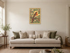 robin on a richly patterned flowering branch — A2 artwork shown in a room with a natural wood frame; select a framed finish to include a frame