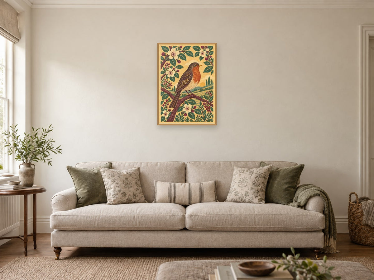 robin on a richly patterned flowering branch — A2 artwork shown in a room with a natural wood frame; select a framed finish to include a frame
