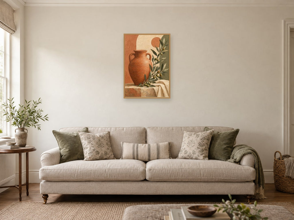 Large terracotta vessel — A2 artwork shown in a room with a natural wood frame; select a framed finish to include a frame