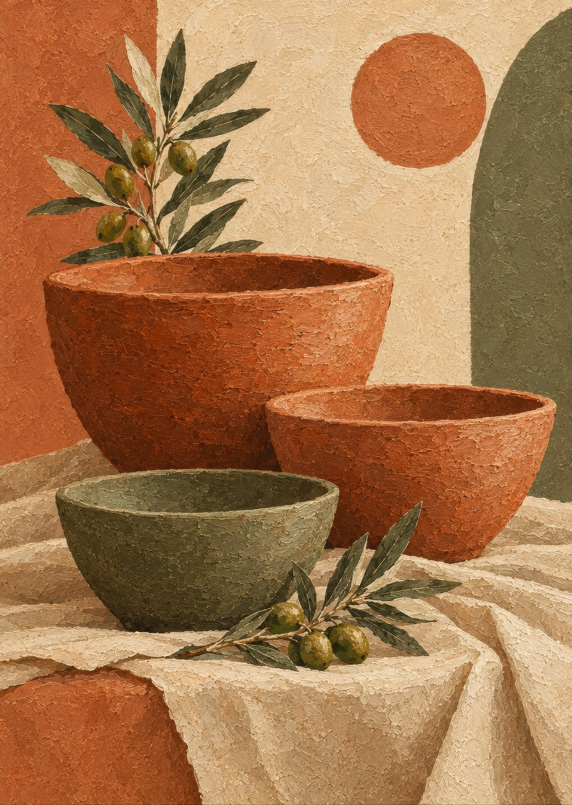 Three asymmetrical bowls on layered linen — artwork detail