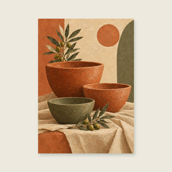 Three asymmetrical bowls on layered linen Art Print