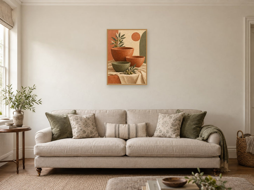 Three asymmetrical bowls on layered linen — A2 artwork shown in a room with a natural wood frame; select a framed finish to include a frame