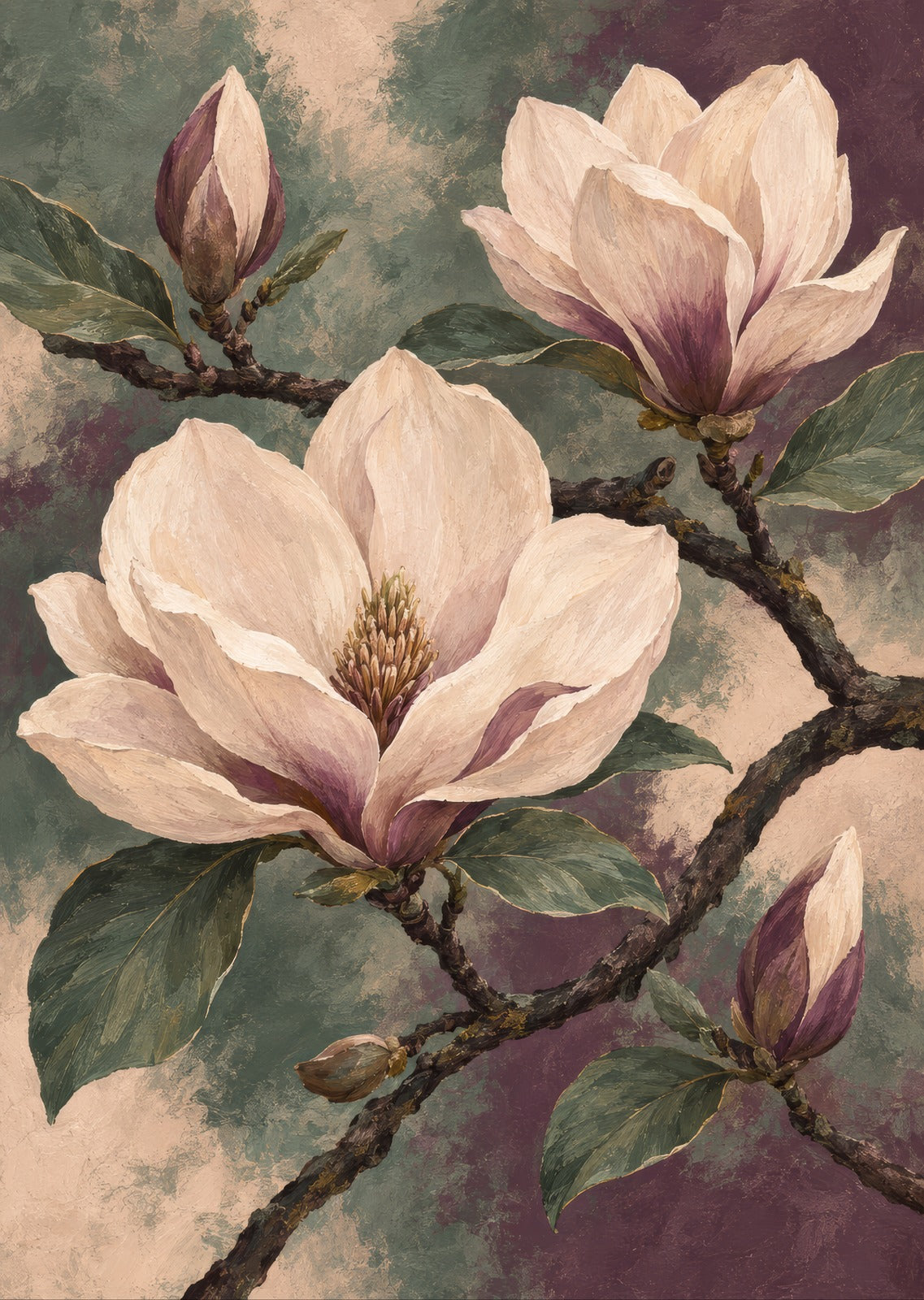 Magnolia blossom on a sweeping dark branch — artwork detail