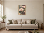 Magnolia blossom on a sweeping dark branch — A2 artwork shown in a room with a natural wood frame; select a framed finish to include a frame