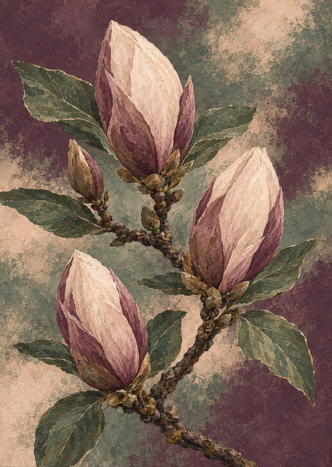 Closed magnolia buds against muted plum — artwork detail