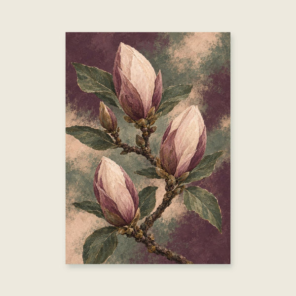 Closed magnolia buds against muted plum Art Print