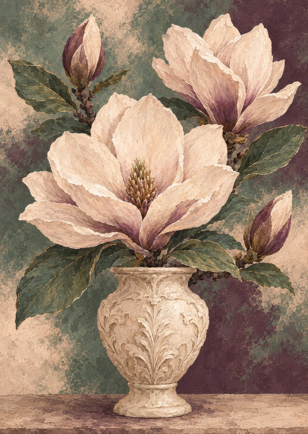Open magnolia petals above a carved cream vase — artwork detail