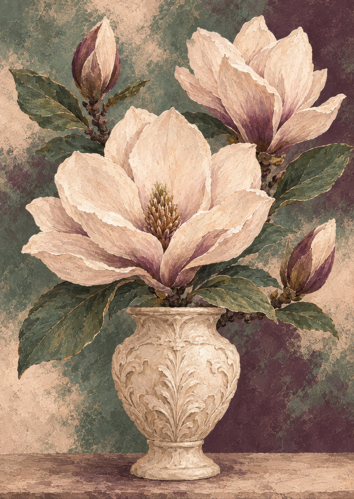 Open magnolia petals above a carved cream vase — artwork detail