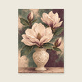 Open magnolia petals above a carved cream vase — Painterly botanical detail living room art print