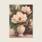 Open magnolia petals above a carved cream vase — Painterly botanical detail living room art print