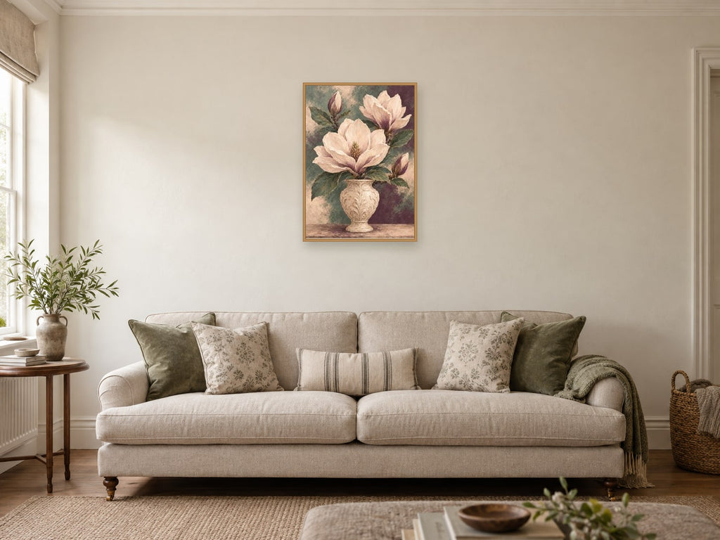 Open magnolia petals above a carved cream vase — A2 artwork shown in a room with a natural wood frame; select a framed finish to include a frame