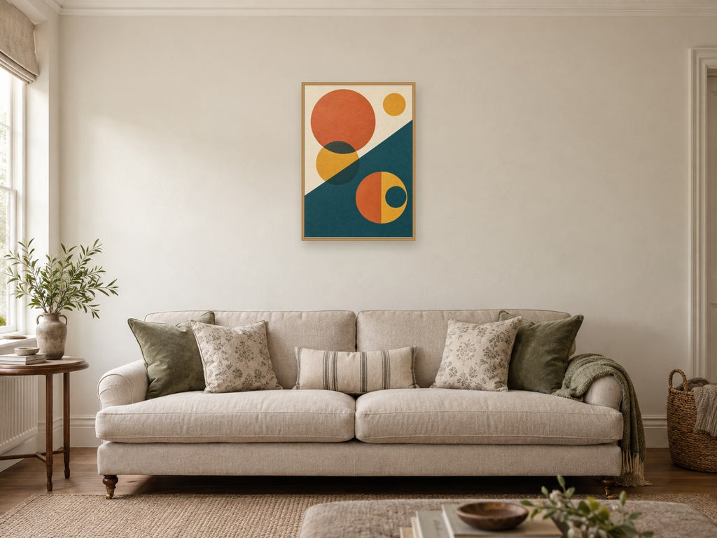 Offset circles and an oblique dark teal plane — A2 artwork shown in a room with a natural wood frame; select a framed finish to include a frame