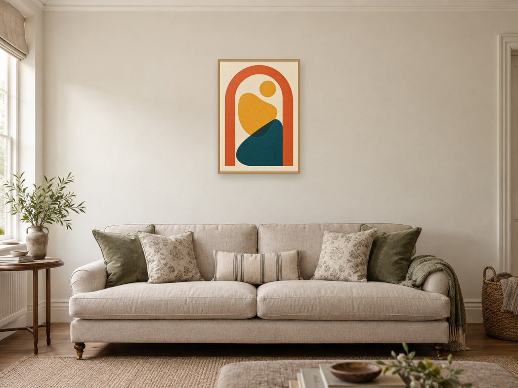 Curved orange arch surrounding irregular gold shapes — A2 artwork shown in a room with a natural wood frame; select a framed finish to include a frame