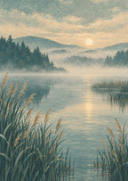 Mist above a fictional lake and reed beds — artwork detail