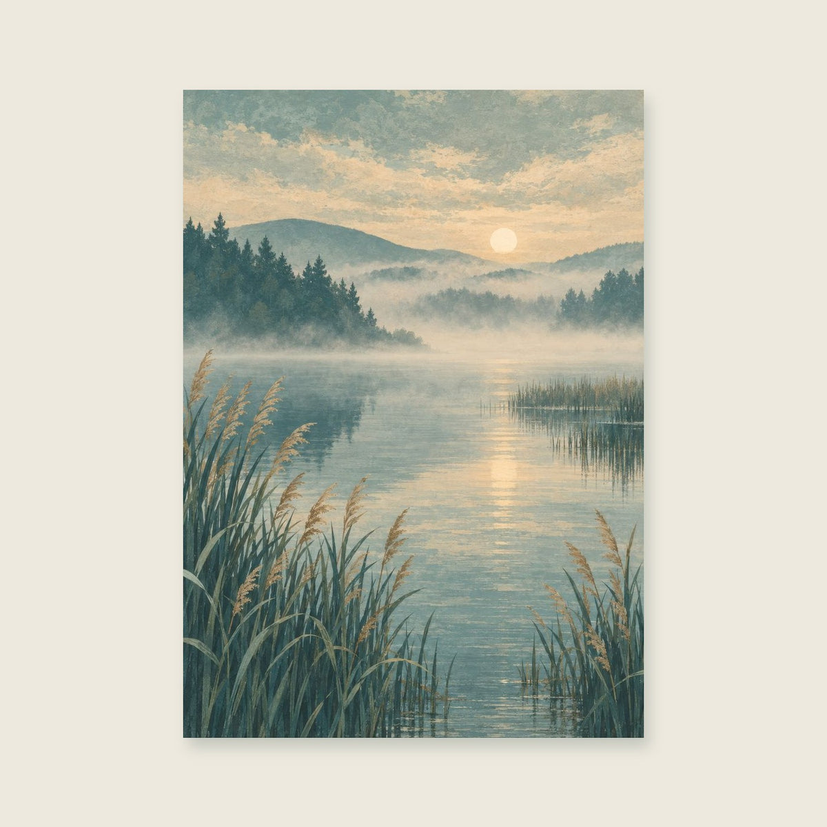 Mist above a fictional lake and reed beds — Atmospheric imaginary landscape living room art print