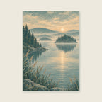 Reflections of imagined wooded islands — Atmospheric imaginary landscape living room art print