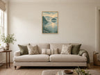 Reflections of imagined wooded islands — A2 artwork shown in a room with a natural wood frame; select a framed finish to include a frame