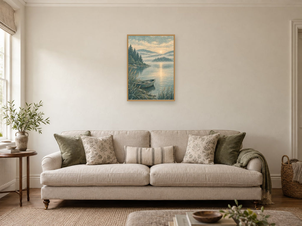 quiet shoreline — A2 artwork shown in a room with a natural wood frame; select a framed finish to include a frame