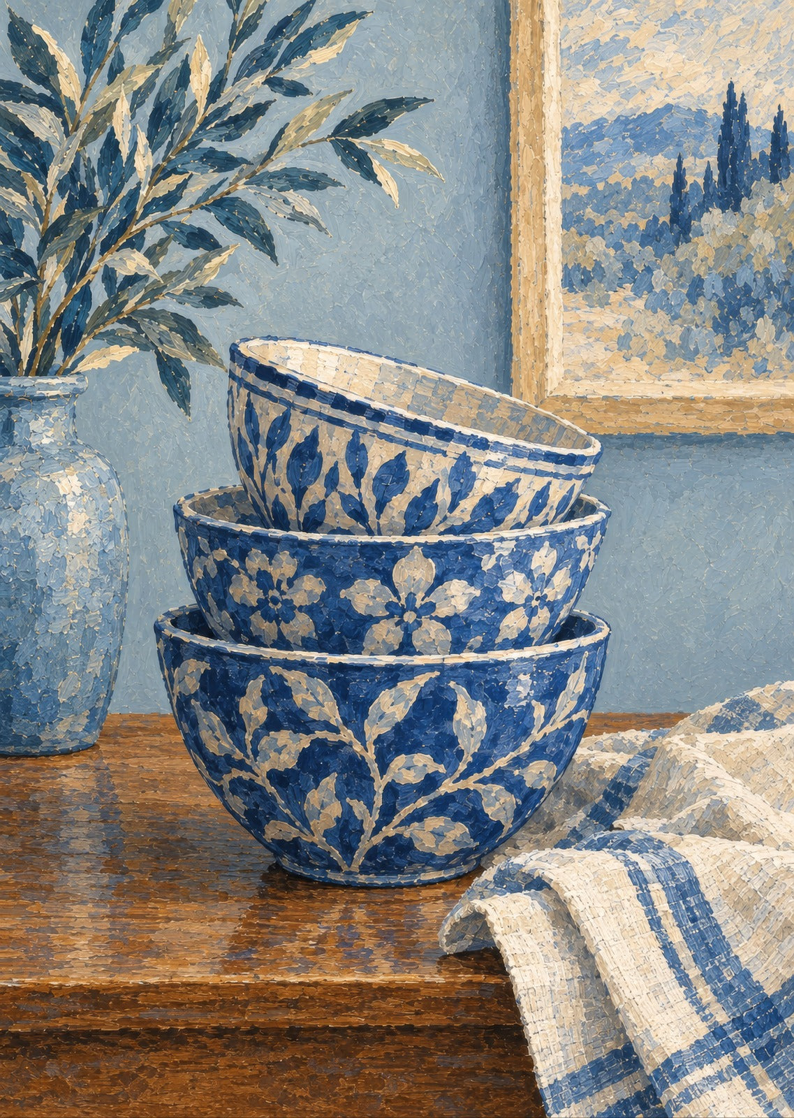 Stacked blue and white bowls — artwork detail