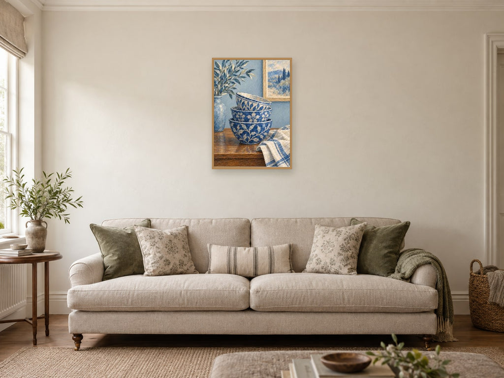 Stacked blue and white bowls — A2 artwork shown in a room with a natural wood frame; select a framed finish to include a frame