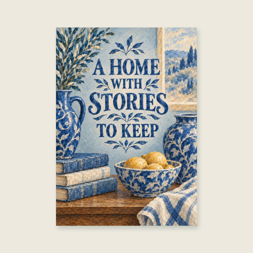 Home With Stories To Keep — Detailed painterly still life living room art print