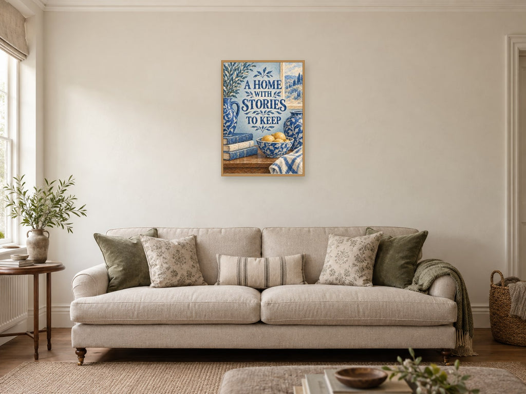 Home With Stories To Keep — A2 artwork shown in a room with a natural wood frame; select a framed finish to include a frame