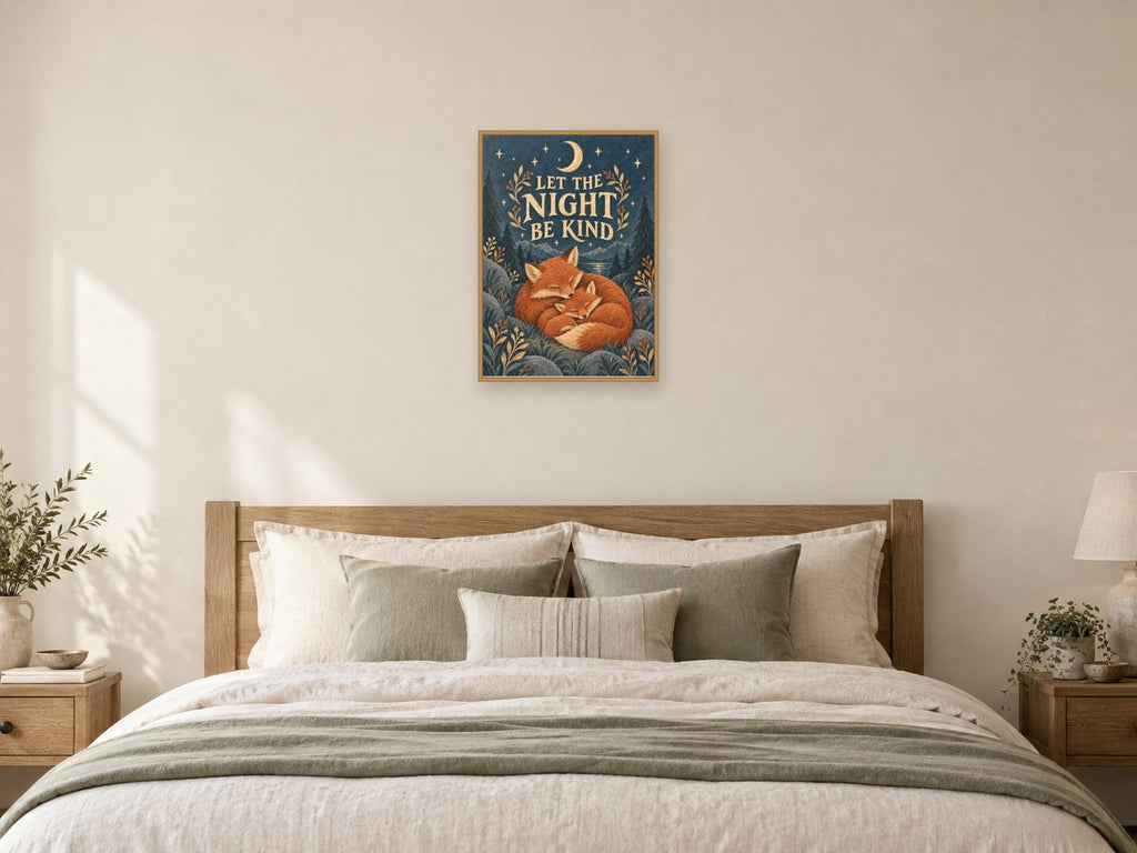 Let The Night Be Kind — A2 artwork shown in a room with a natural wood frame; select a framed finish to include a frame