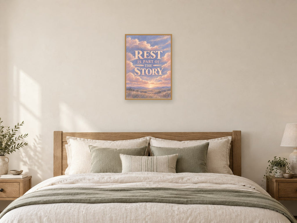 Rest Is Part Of The Story — A2 artwork shown in a room with a natural wood frame; select a framed finish to include a frame