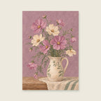 Cosmos petals against softly textured mauve — Intimate botanical gouache bedroom art print