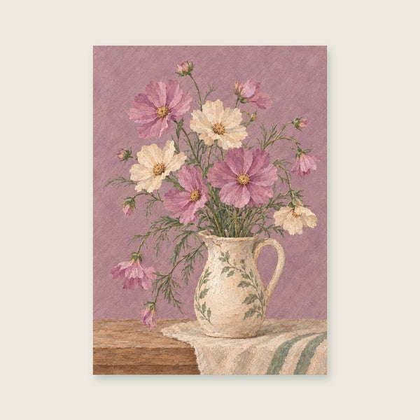 Pétales de cosmos sur une impression d'art au mauve délicatement texturé