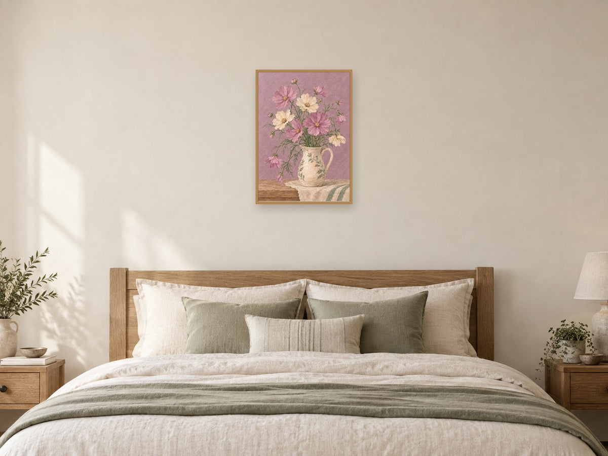 Cosmos petals against softly textured mauve — A2 artwork shown in a room with a natural wood frame; select a framed finish to include a frame