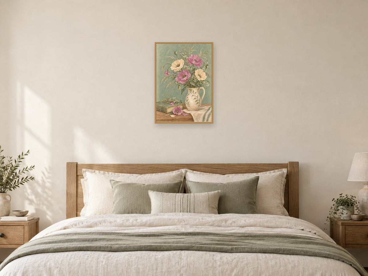Delicate poppies and wild grasses — A2 artwork shown in a room with a natural wood frame; select a framed finish to include a frame