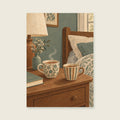 Two mismatched tea cups on a bedside table — Expressive domestic illustration bedroom art print