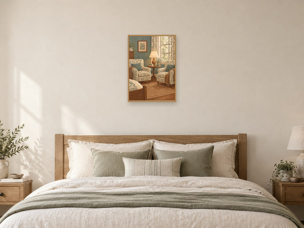 Two empty reading chairs — A2 artwork shown in a room with a natural wood frame; select a framed finish to include a frame