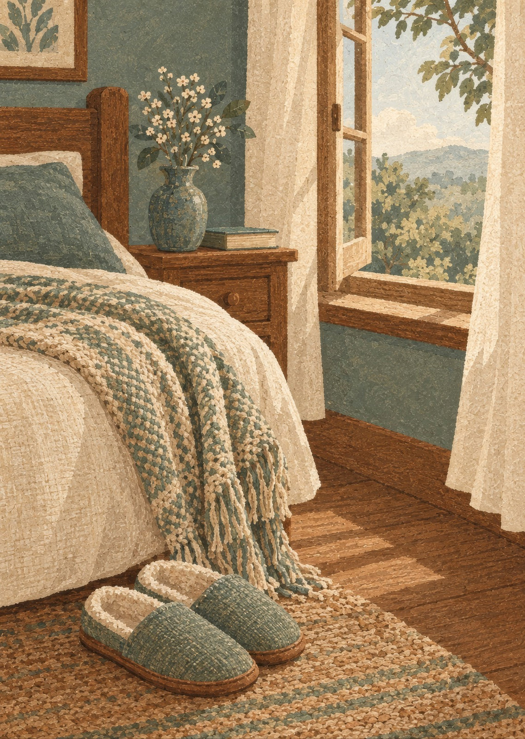 Slippers and a woven blanket — artwork detail