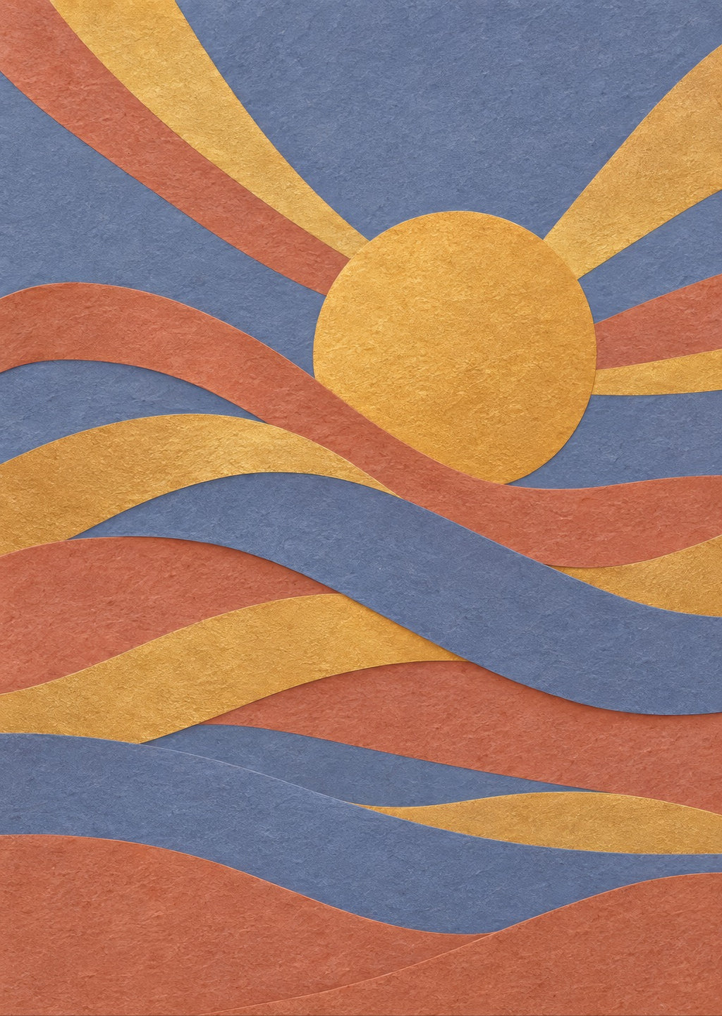 Woven blush and gold bands around an offset sun — artwork detail