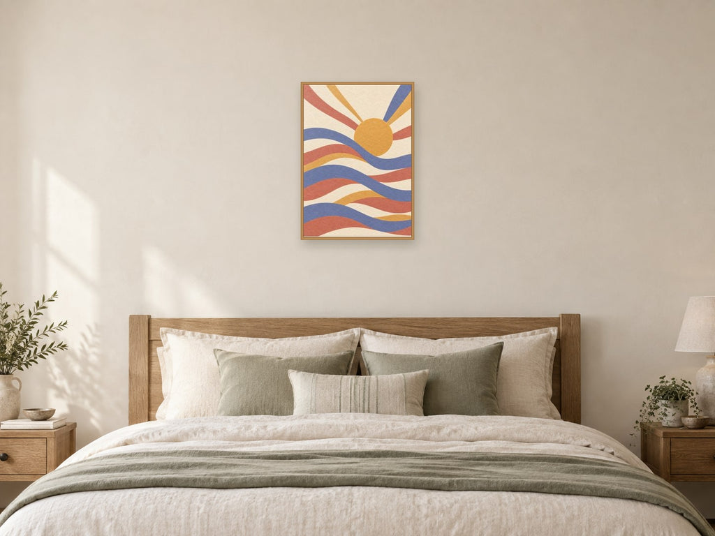 Lavender ribbons crossing a broad cream plane — A2 artwork shown in a room with a natural wood frame; select a framed finish to include a frame