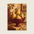 Pears in a burgundy footed bowl — Expressive fruit still life dining room art print