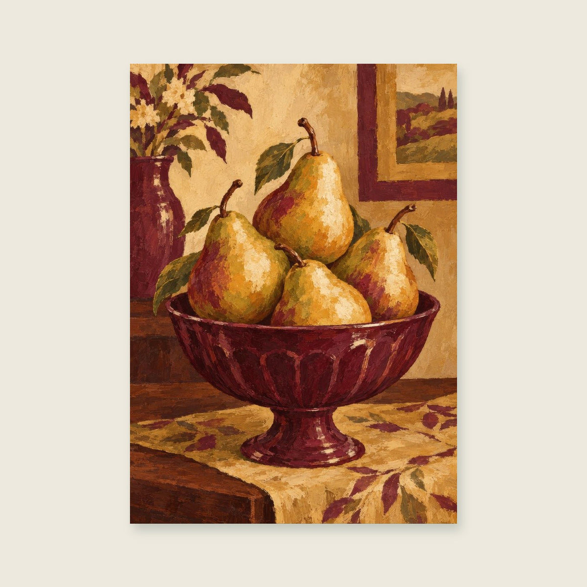 Pears in a burgundy footed bowl — Expressive fruit still life dining room art print