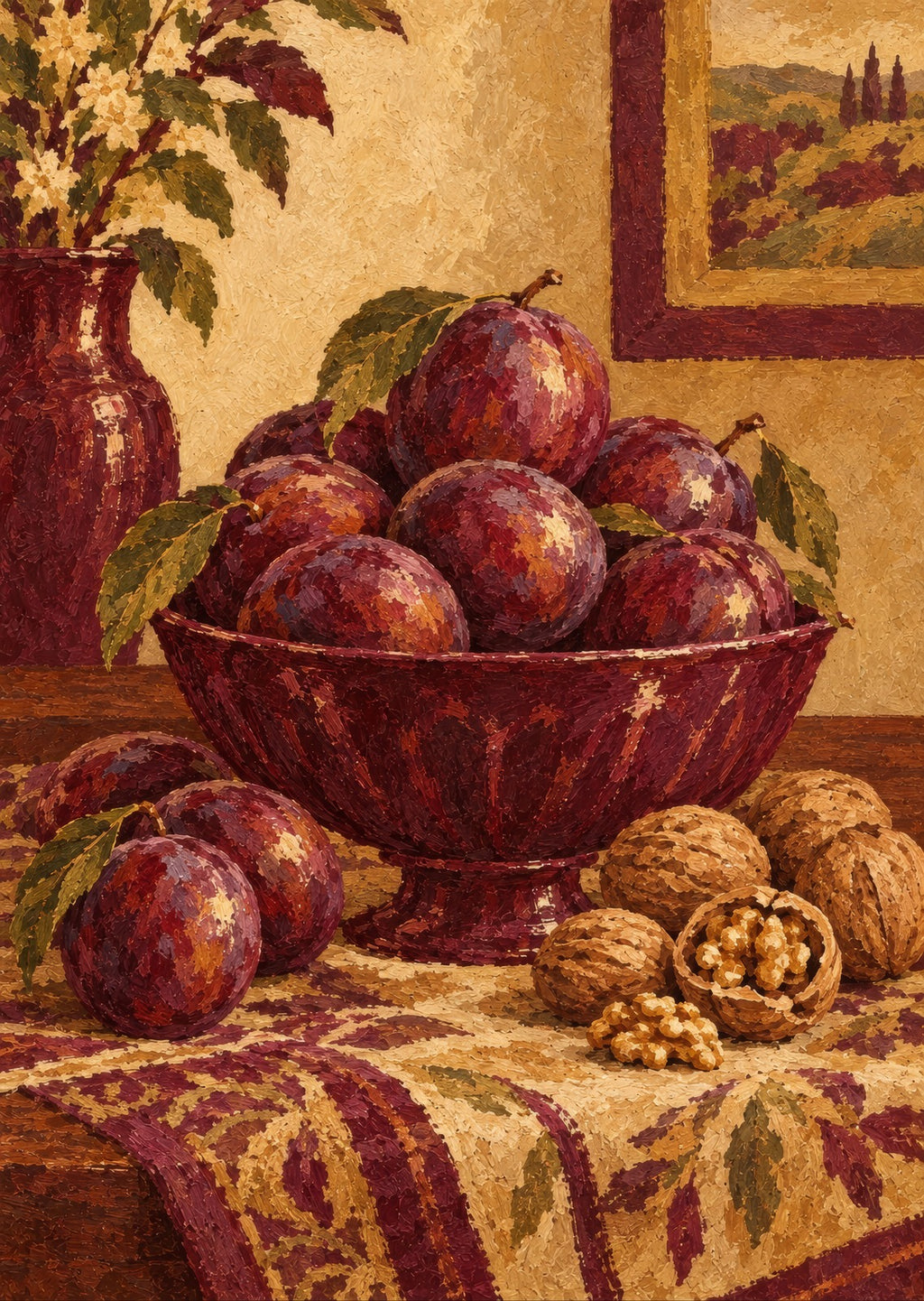 Plums and walnuts on a richly woven cloth — artwork detail