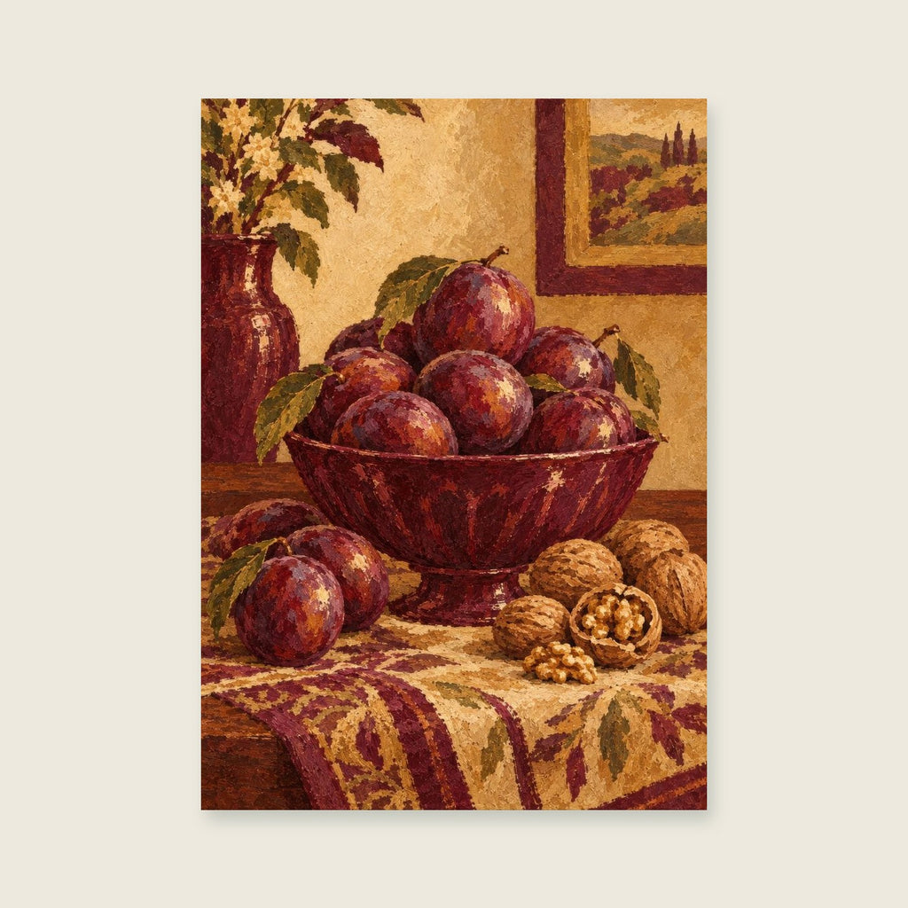 Plums and walnuts on a richly woven cloth — Expressive fruit still life dining room art print