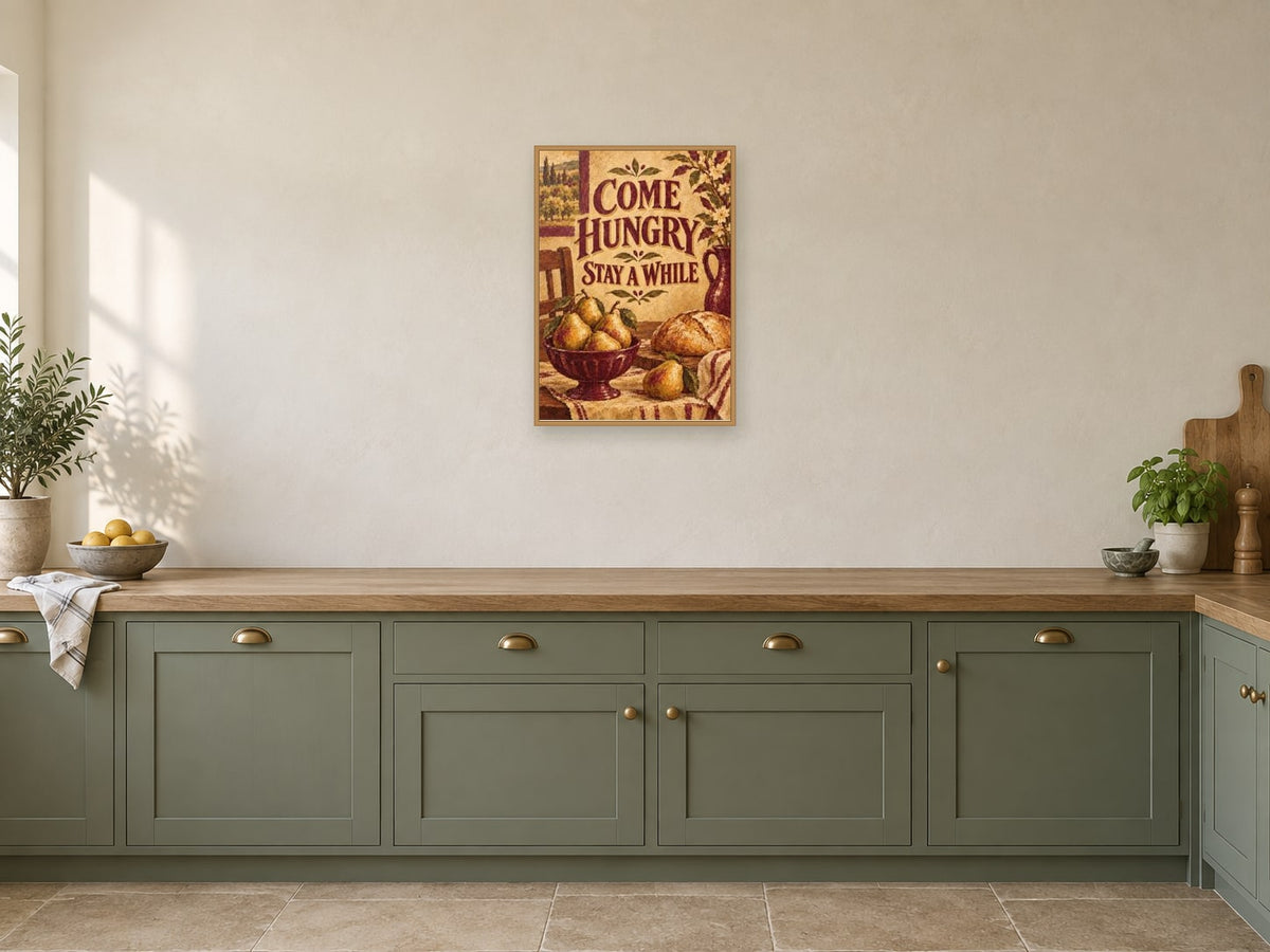 Come Hungry Stay A While — A2 artwork shown in a room with a natural wood frame; select a framed finish to include a frame