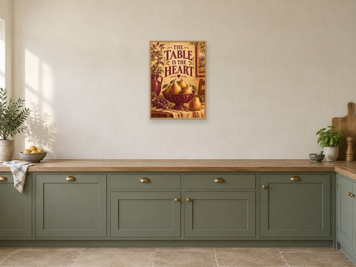 The Table Is The Heart — A2 artwork shown in a room with a natural wood frame; select a framed finish to include a frame