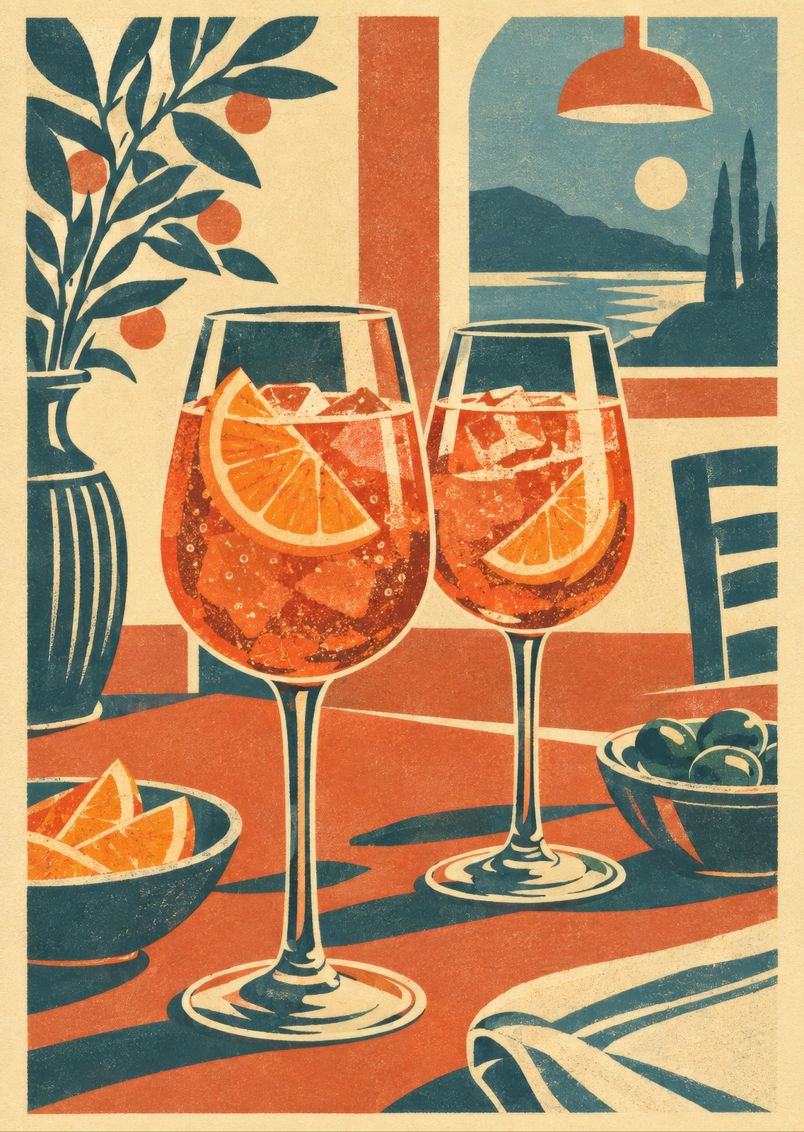 Two unbranded aperitif glasses — artwork detail