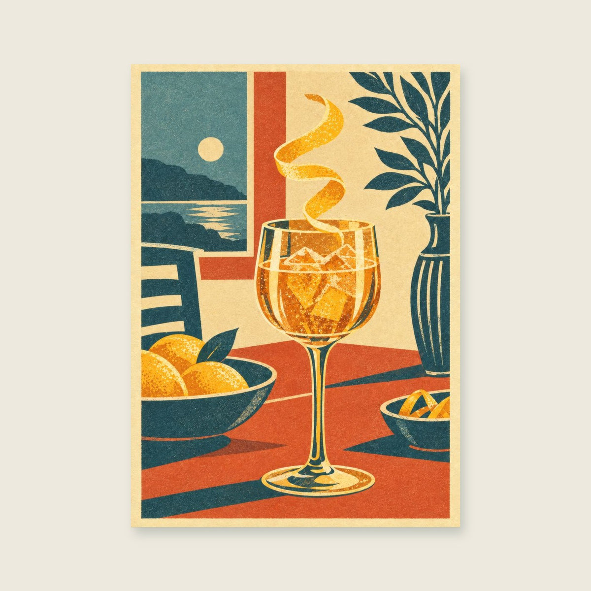 Lemon peel curling above a gold goblet — Confident original screenprint dining room art print