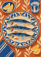 Three stylised sardines on a patterned plate — artwork detail