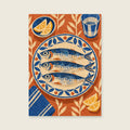 Three stylised sardines on a patterned plate — Playful painted paper collage dining room art print